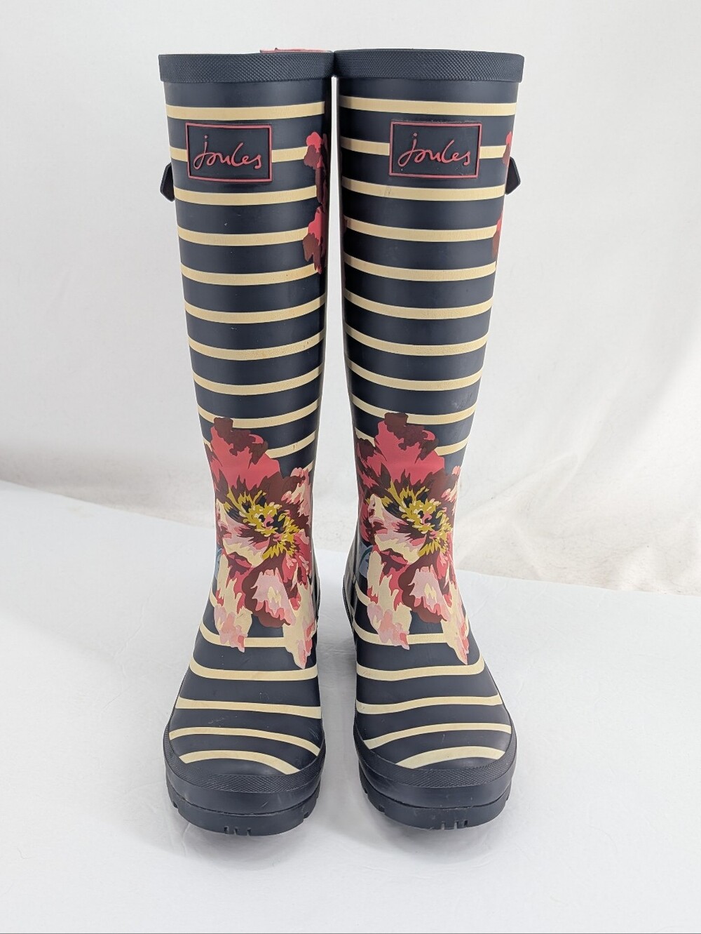 Joules Striped Floral Welly Print Tall Rain Boots Size 6 Navy Pink Waterproof